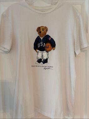 Ralph Lauren White Tee with Polo Bear in Navy Hoodie and Brown Basketball